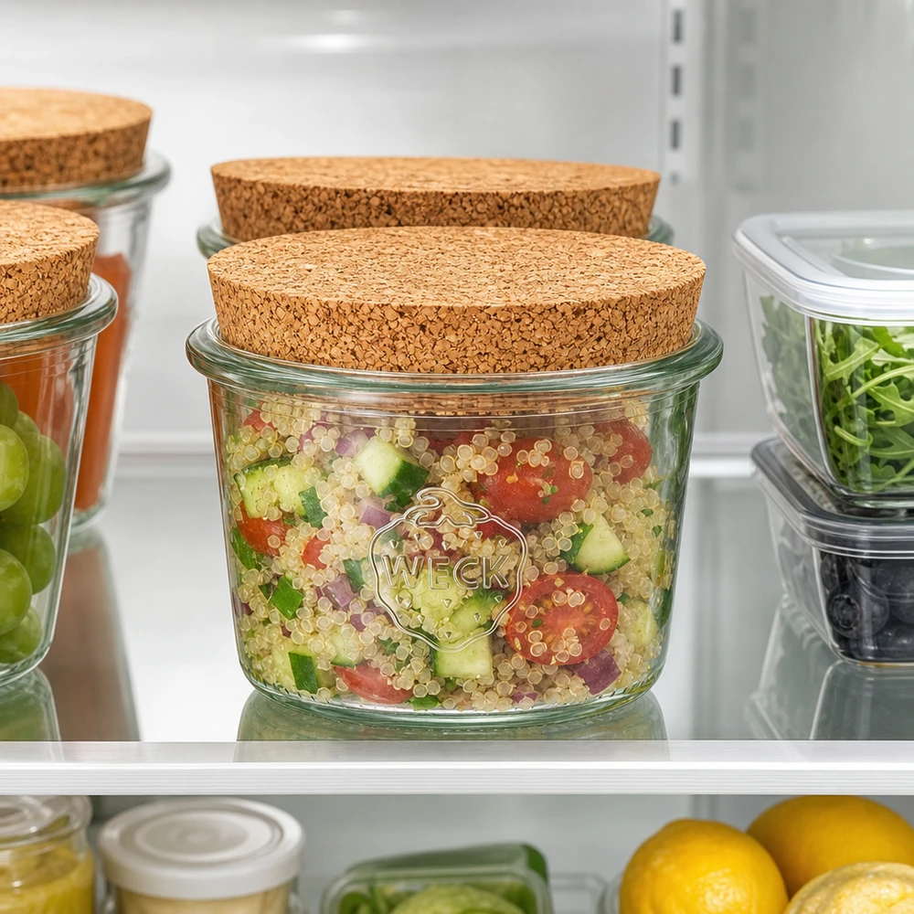 80ml stortglas WECK RR60 met kurk WECK 80ml RR60 mason jar met kurk in de koelkast voor het bewaren van quinoa salade en vers voedsel