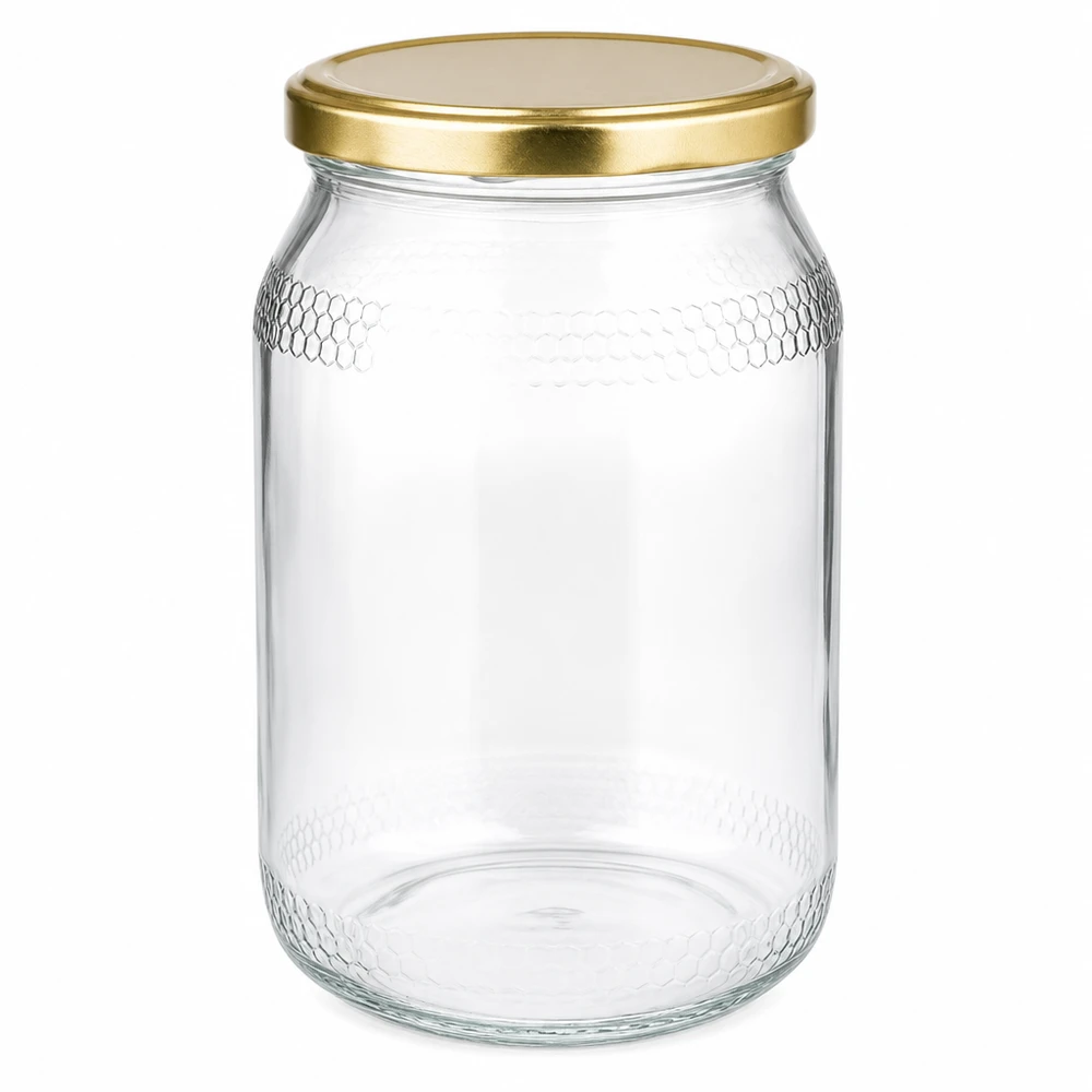 Honingpot 1260 g met gouden BasicSeal UNiTWIST-deksel 900 ml honingpot met gouden BasicSeal UNiTWIST deksel - lege glazen pot voor honing met honingraatmotief