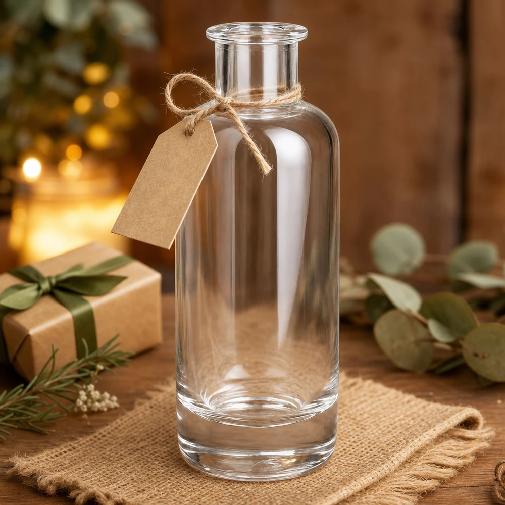 200 ml glazen fles Ella zonder sluiting UNiTWIST® 200ml glazen fles Ella leeg met cadeaulabel en jute lint als kerstcadeau gedecoreerd op hout