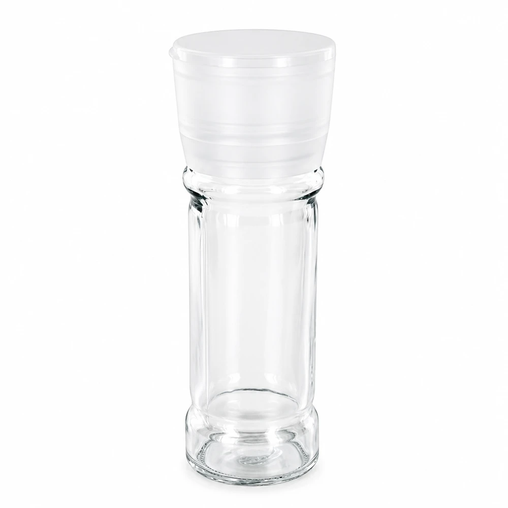 Zout-/kruidenpotje 100 ml met molen Vario wit Kleine glazen zoutmolen van 100 ml, wit-transparant, ideaal voor op tafel en in de keuken