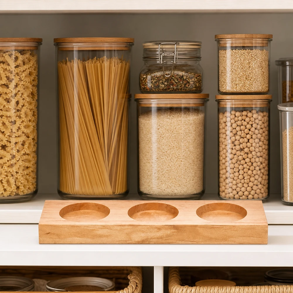 Serveerplank Plano3 voor 3 WECK-glazen Plano3 serveerplank voor WECK potten in georganiseerde voorraadkeuken met pasta en peulvruchten in voorraadpotten