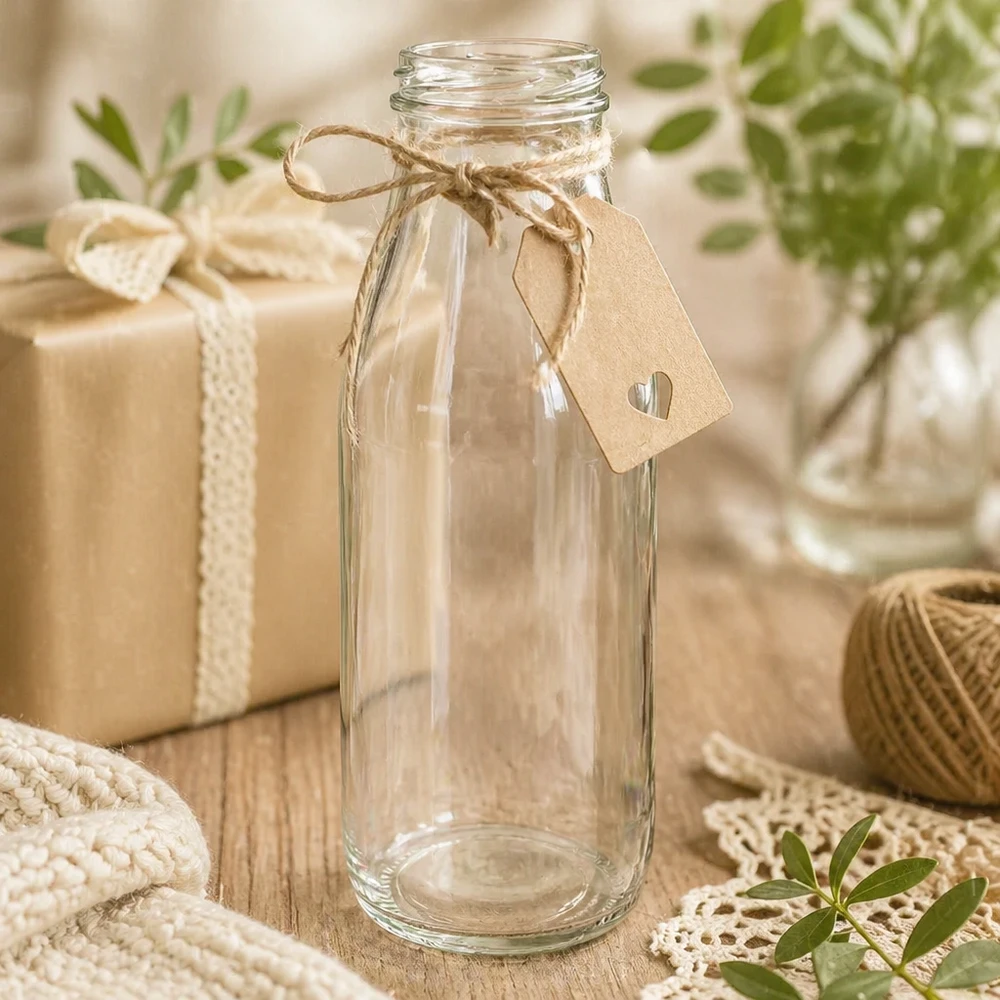 500ml fles zonder deksel (TO48) UNiTWIST 500 ml glazen fles TO48 UNiTWIST leeg met kraftpapier label en jute koord gedecoreerd als geschenkverpakking