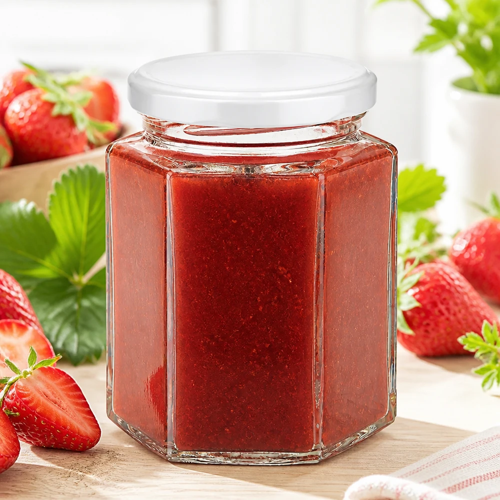 191 ml UNiTWIST Hexaglas met BasicSeal-deksel, wit, ideaal voor het inmaken van aardbeienjam