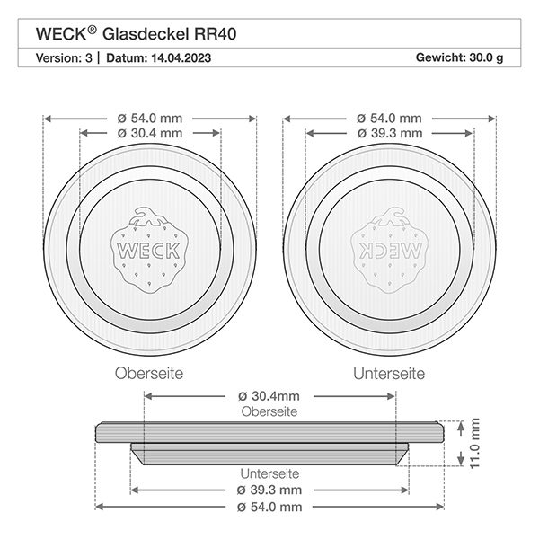 WECK glazen deksel RR40 Technische tekening WECK glazen deksel RR40 met afmetingen 54mm diameter en 11mm hoogte
