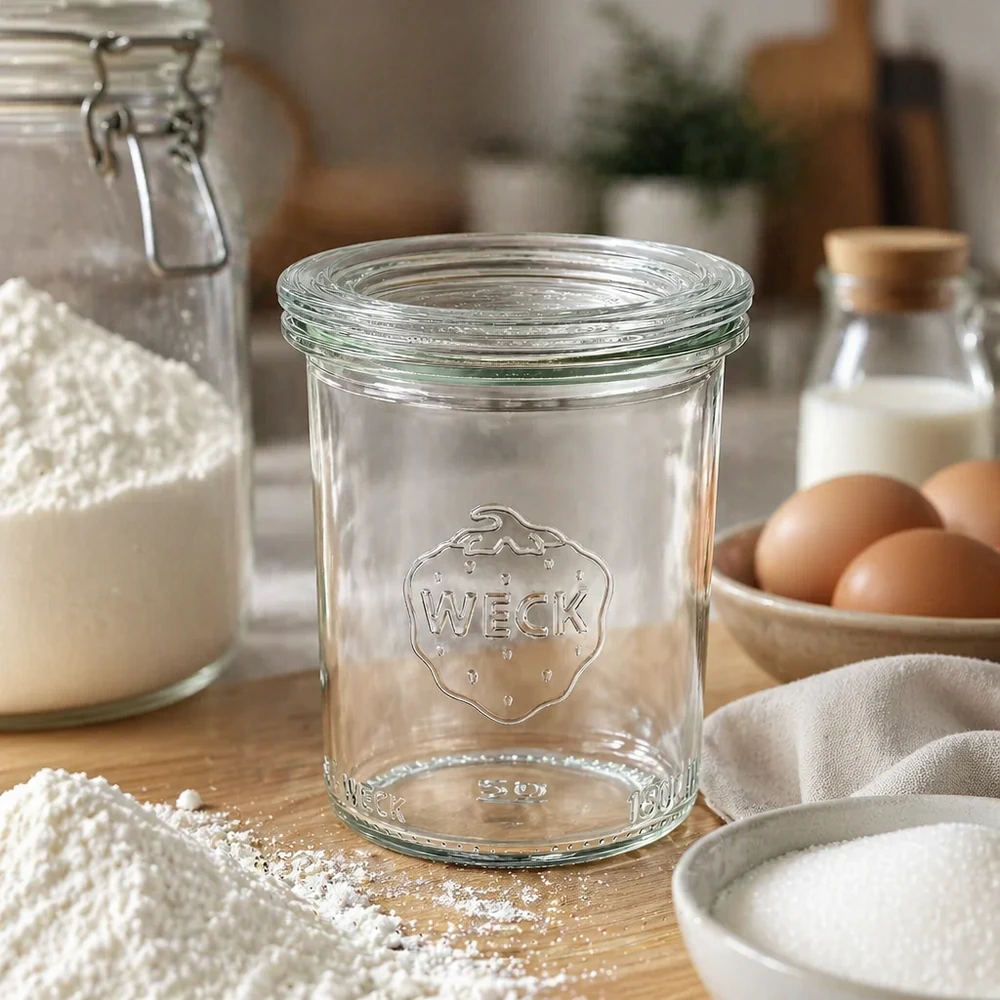 WECK RR60-pot van 160 ml met glazen deksel WECK 160ml RR60 lege rustieke keukenpot met bloem, eieren en melk voor conserveren en bewaren
