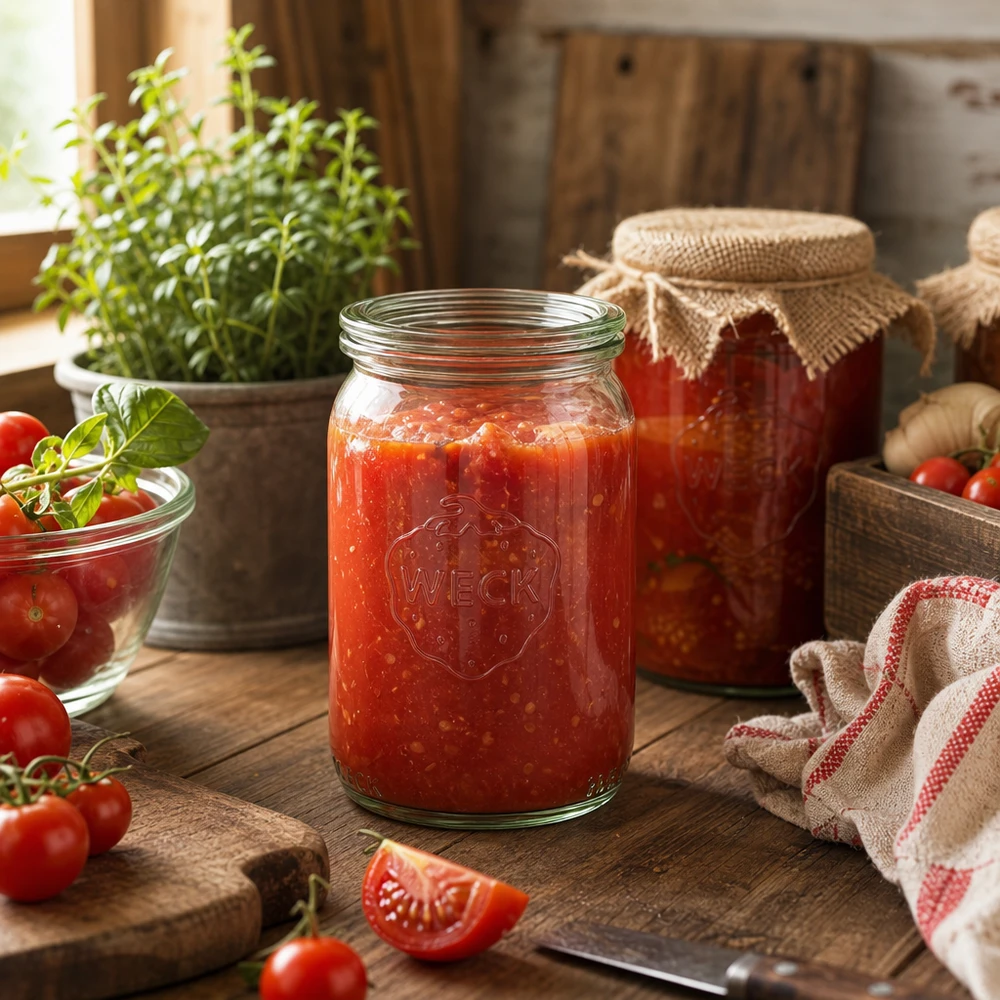 WECK inmaakpot 145ml gevuld met tomatensaus in rustieke keuken met verse tomaten en kruiden