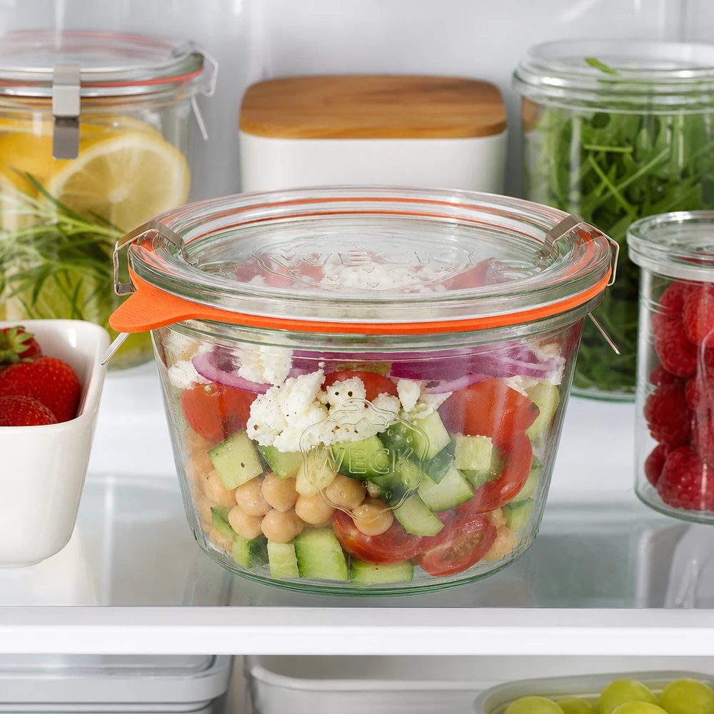 370ml stortglas compleet WECK RR100 WECK 370ml RR100 tumblers gevuld met verse salade in de koelkast tonen ideale opslag van Meal Prep