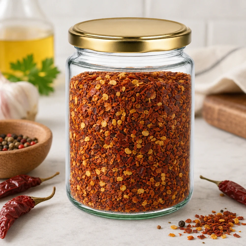 Honingpot 450 g met gouden deksel BasicSeal UNiTWIST 450g honingpot gevuld met chilivlokken toont veelzijdig gebruik BasicSeal pot voor kruiden en keukenopslag