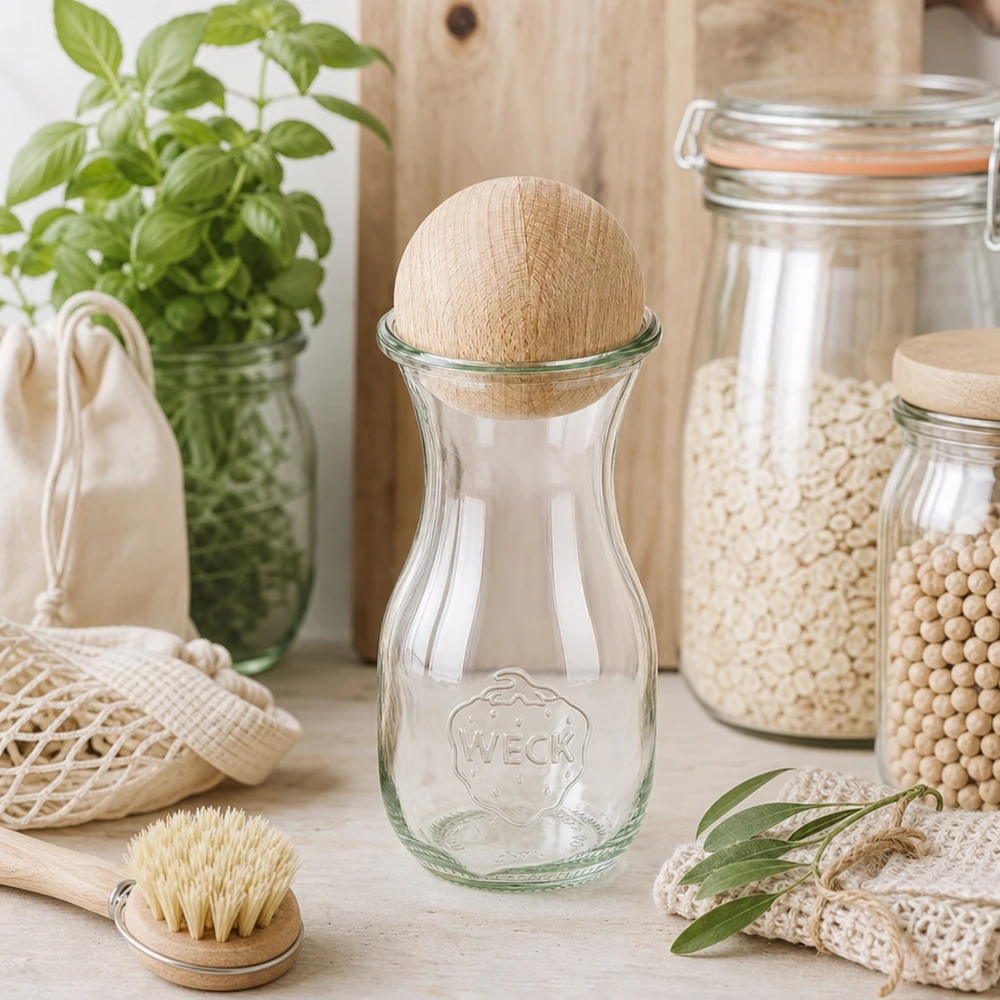 WECK sapfles 290ml RR60 met houten bal in duurzame zero-waste keuken tussen voorraadpotten en natuurlijke materialen