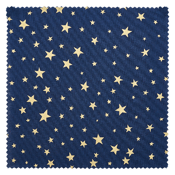 Stoffen doily sterren blauw 120x120mm vierkant Detail van blauwe stoffen doily met gouden sterren van verschillende grootte, vierkant gesneden 12cm