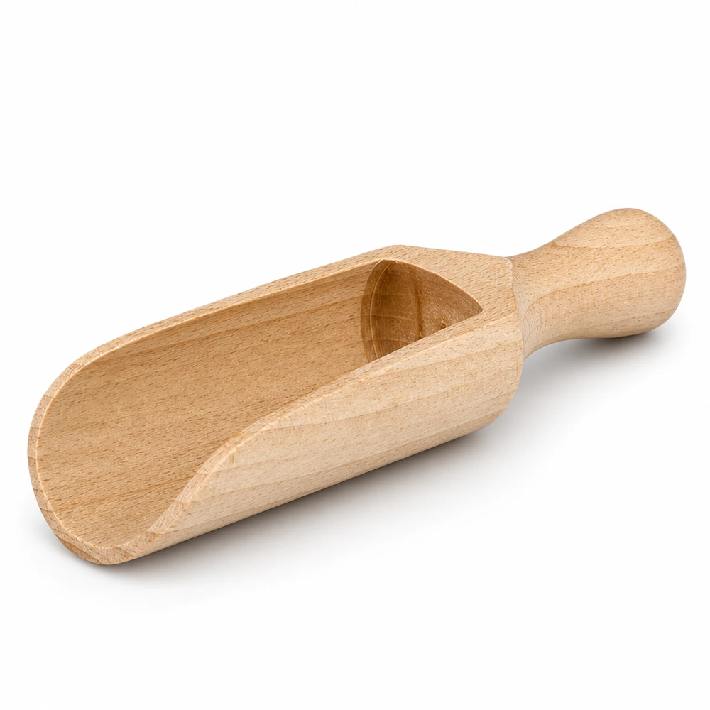 Houten schep maat M halfronde vorm - 140mm lang Houten schep M 14cm enkelvoudig aanzicht met zichtbare houtnerf en ergonomisch handvat voor optimale grip