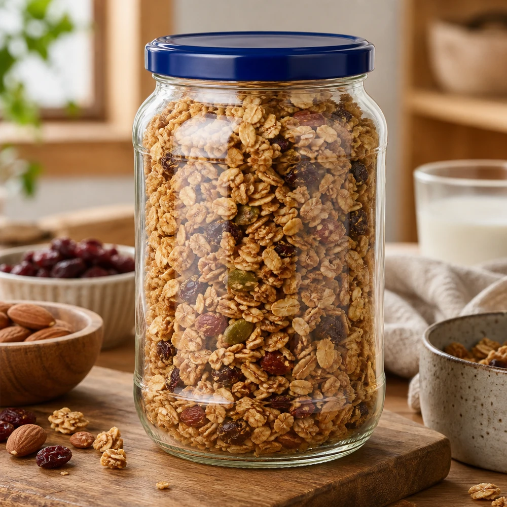 1062ml rond glas met BasicSeal deksel blauw UNiTWIST 1062ml ronde pot UNiTWIST blauw deksel met muesli noten gedroogd fruit voorraadpot keuken houten plank