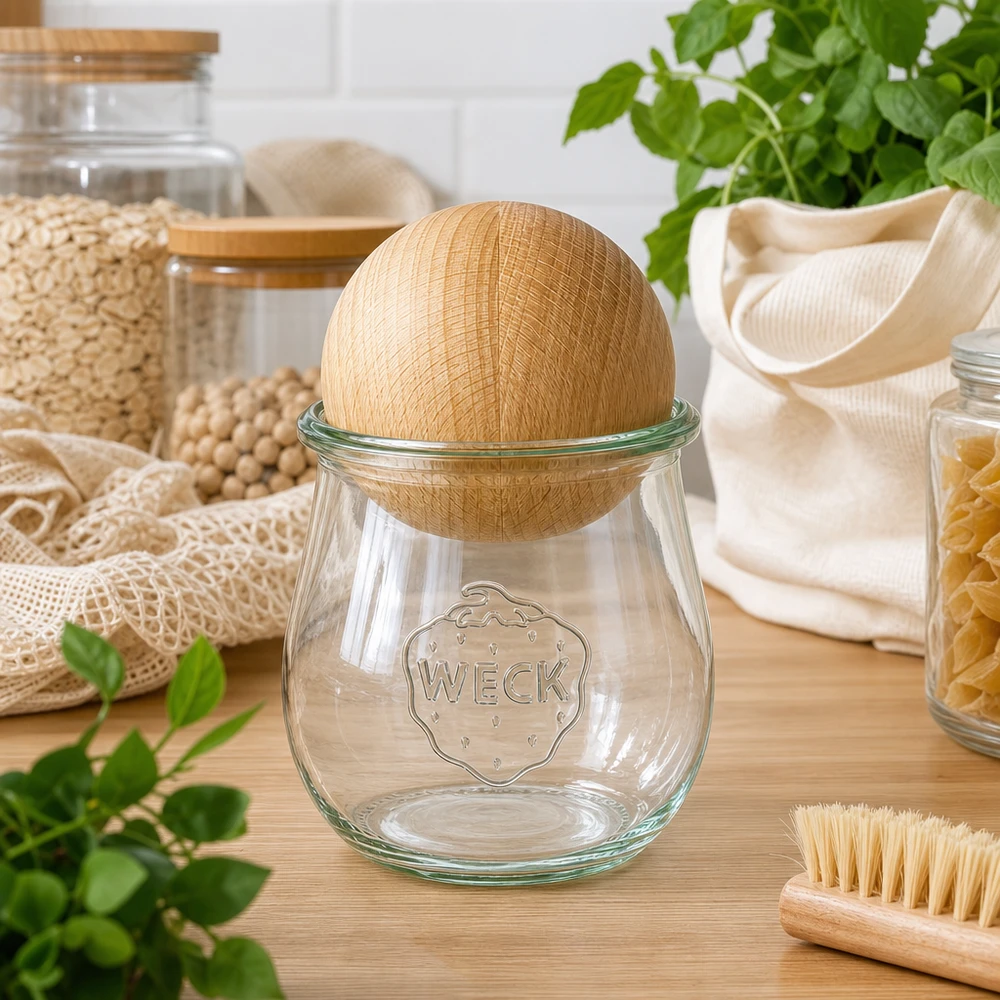 220ml tulpenglas WECK RR60 met houten bal WECK Tulpenglas RR60 220ml mit Buchenholzkugel in nachhaltiger Zero-Waste Küche neben Naturfasern und Kräutern