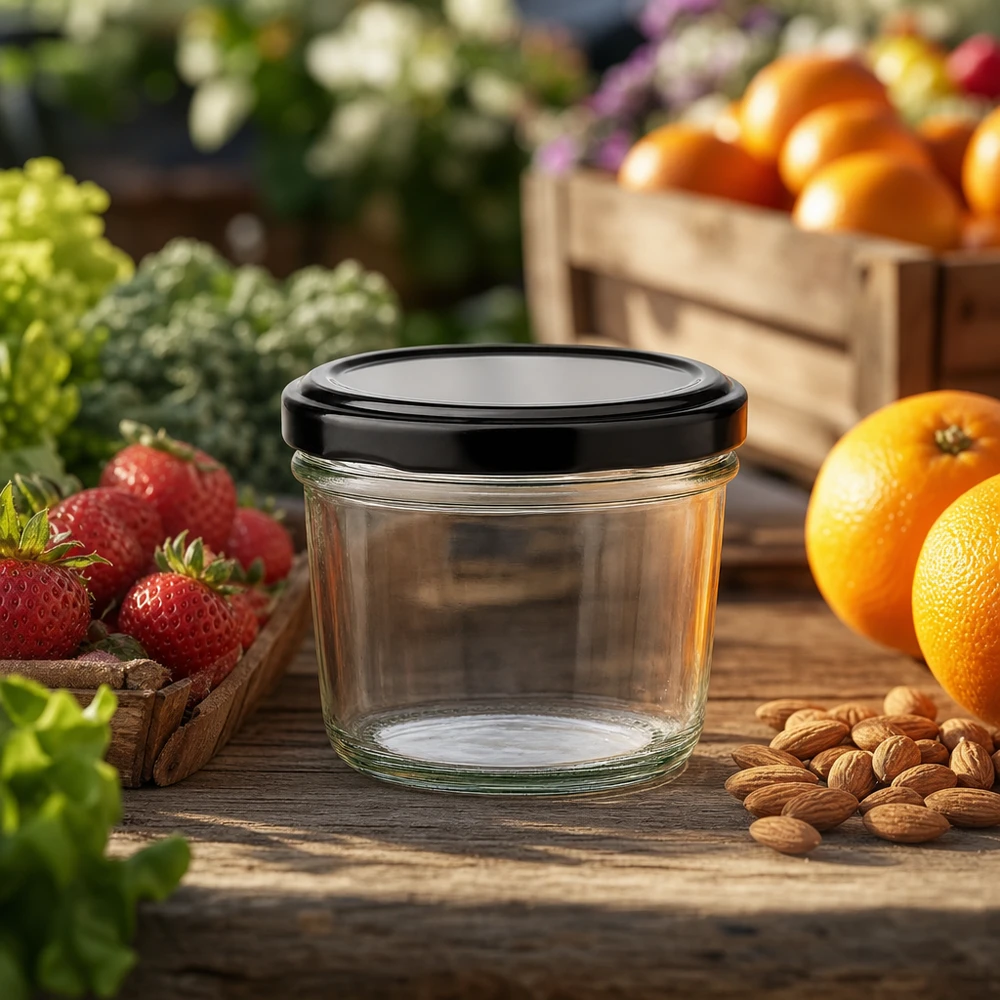 230ml bekers met BasicSeal deksel zwart UNiTWIST 230 ml lege glazen pot met zwart deksel tussen vers fruit en noten toont natuurlijke toepassingsmogelijkheden