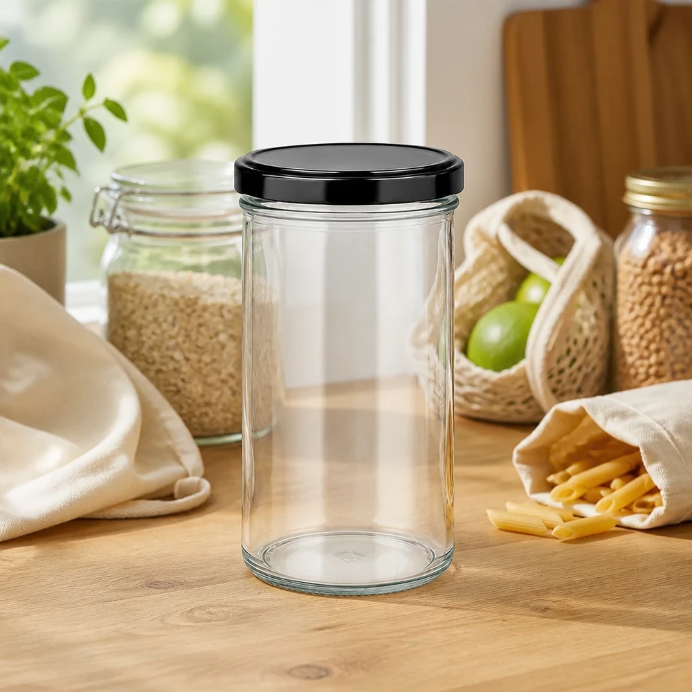 277ml bekers met BasicSeal deksel zwart UNiTWIST 277ml Sturzglas mit schwarzem Deckel umgeben von nachhaltigen Vorratsbehältern und Zero-Waste-Produkten auf Küchenarbeit
