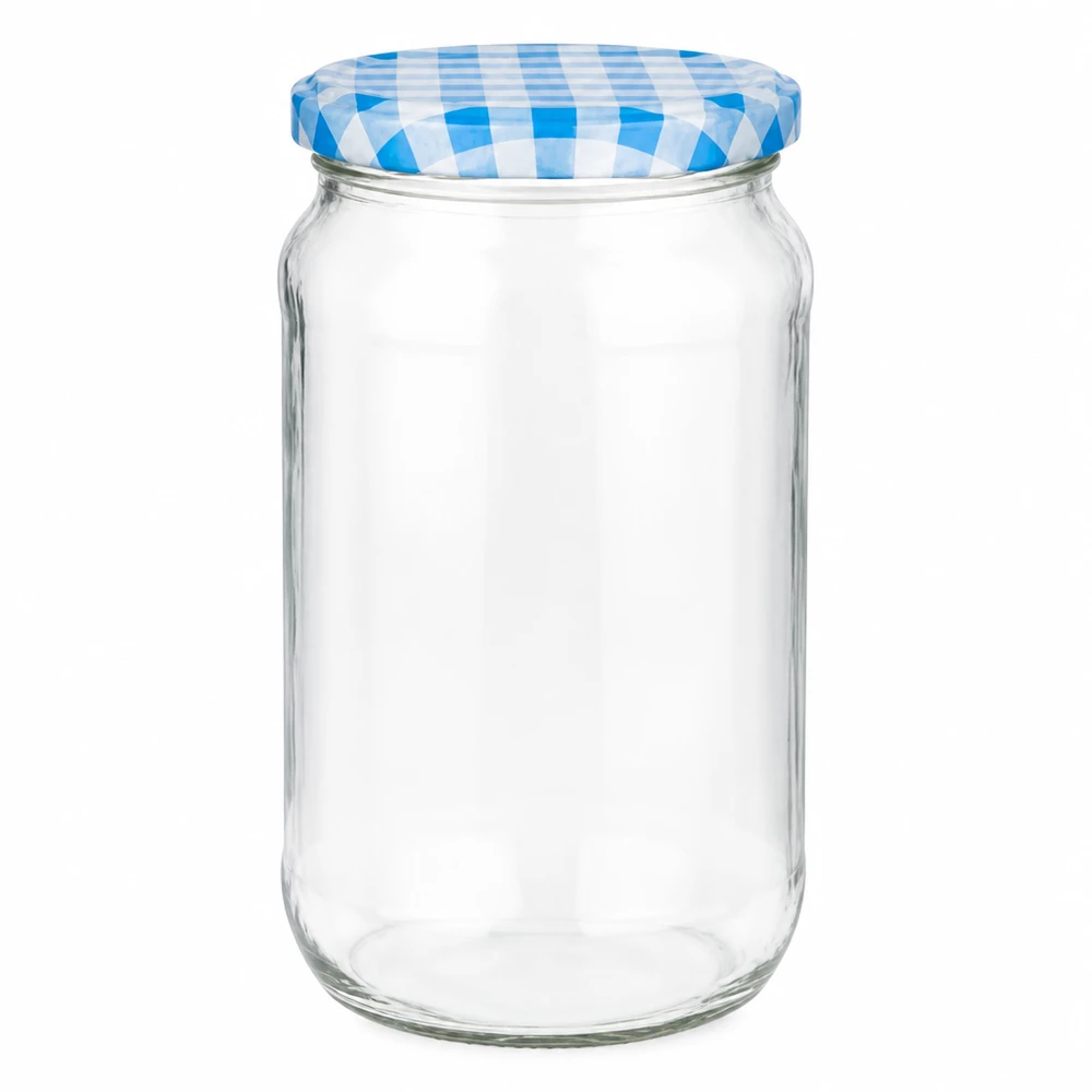 1062ml rond glas met BasicSeal deksel blauw/wit UNiTWIST 1062ml ronde pot met blauw en wit geblokt BasicSeal deksel, lege inmaakpot voor conserven en opslag