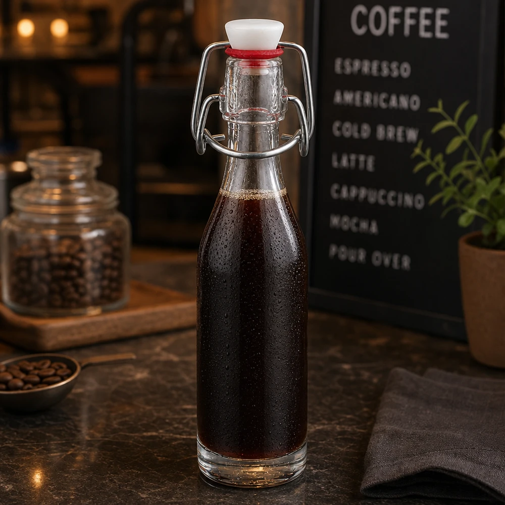Glazen flesje 50ml + draaidop PVC UNiTWIST 50ml Glasflasche mit Bügelverschluss gefüllt mit Cold Brew Kaffee in stilvoller Café-Atmosphäre mit Kaffeebohnen