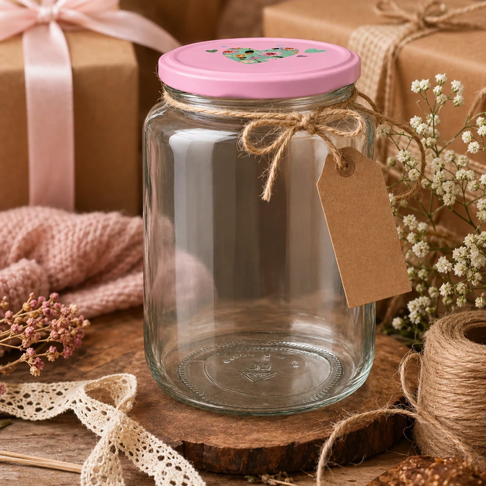 795 ml ronde pot + BasicSeal-deksel roze hart UNiTWIST Dekoratives Rundglas 795ml mit rosa Herzdeckel als Geschenkidee rustikale Präsentation mit Anhänger und Juteschnur