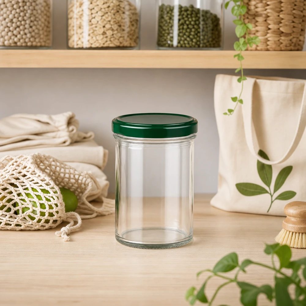 350ml bekers met BasicSeal deksel groen UNiTWIST 350ml UNiTWIST bekers met groen deksel in duurzame zero-waste keuken met biologische producten en planten