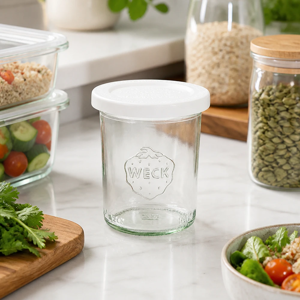 WECK RR60-pot van 160 ml met vershouddeksel WECK RR60 bekers van 160 ml in een moderne keuken met voorraadpotten, salade en verse kruiden - veelzijdig opbergen