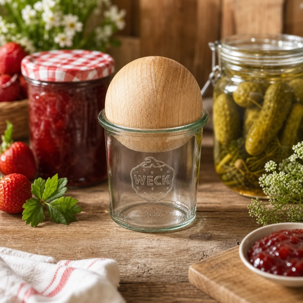 140ml stortglas WECK RR60 met houten bal WECK pot 140ml RR60 in rustieke keuken met jam en ingemaakte augurken, beukenhouten deksel zichtbaar