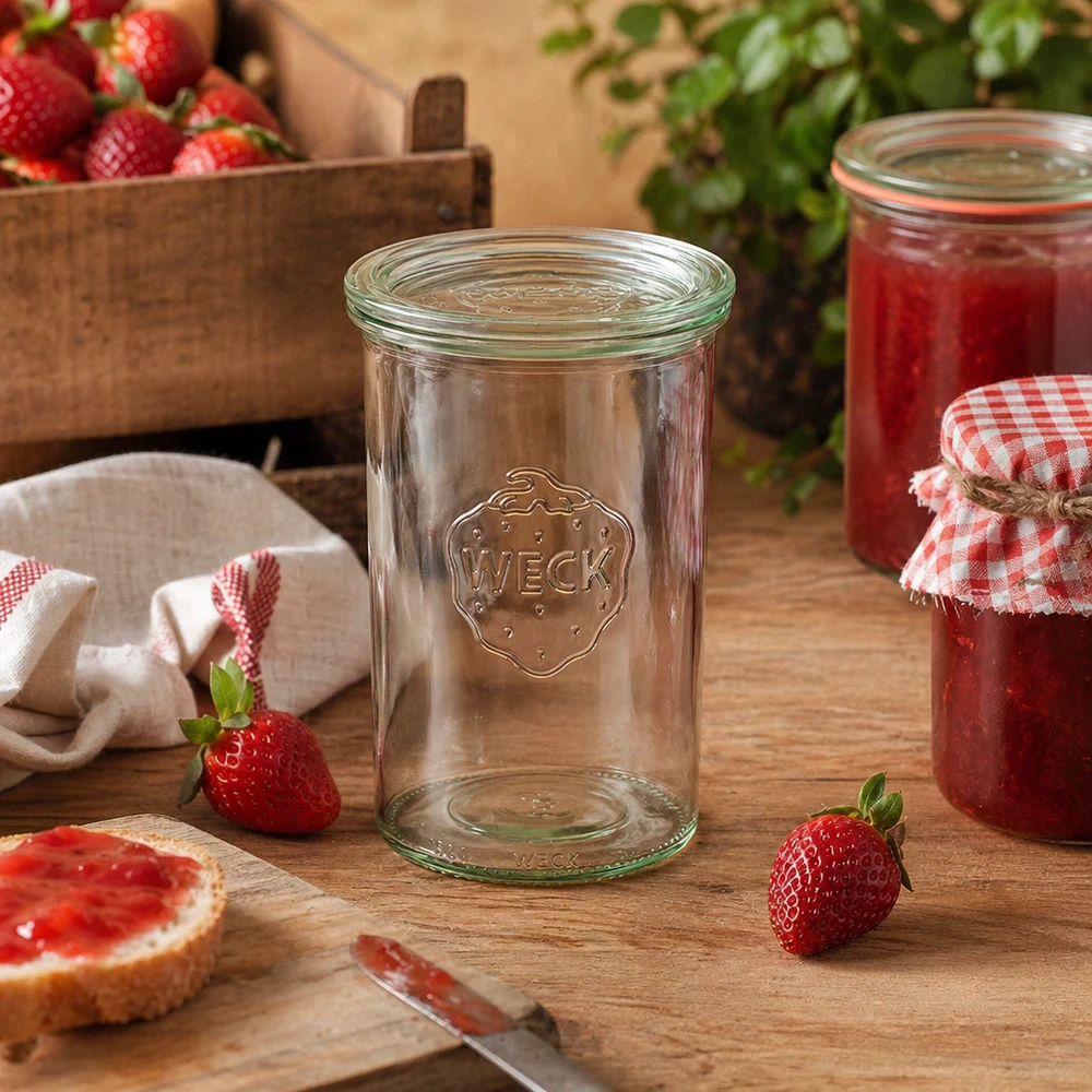 1000ml stortglas met glazen deksel WECK RR100 WECK RR100 1000ml mason jar in rustieke keuken decoratief gerangschikt met aardbeien en zelfgemaakte jam