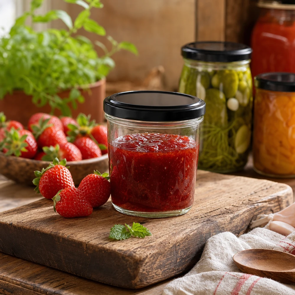 230ml bekers met BasicSeal deksel zwart UNiTWIST 230 ml beker met aardbeienjam op houten plank toont praktisch keukengebruik van het BasicSeal deksel