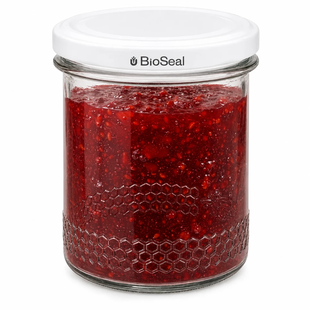Honingpot 560 g met witte BioSeal UNiTWIST-deksel BioSeal inmaakpot 400 ml gevuld met rode jam toont luchtdichte afsluiting en honingraat reliëf op de rand van de pot
