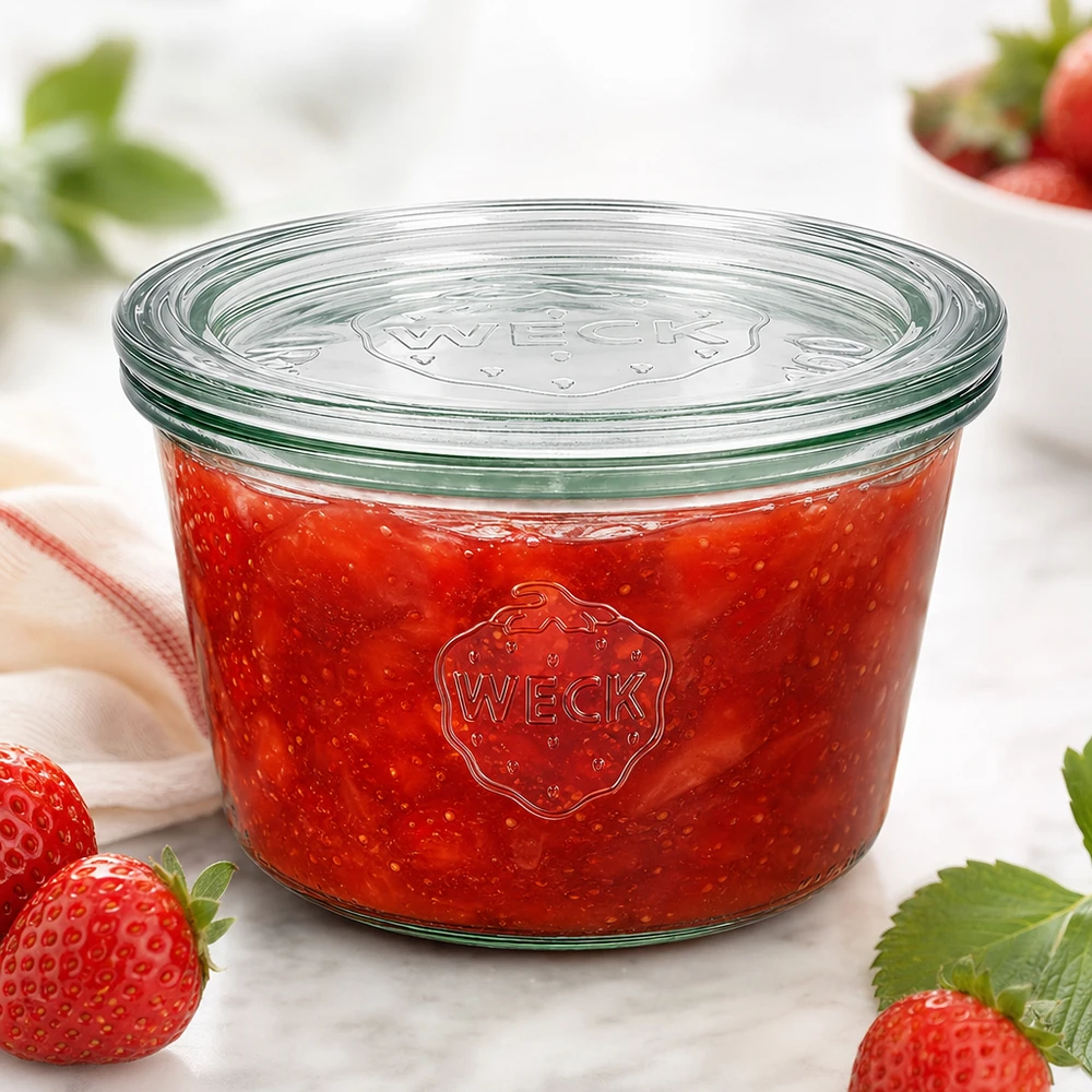 WECK beker 370ml RR100 gevuld met rode aardbeienjam omringd door verse aardbeien op een wit oppervlak