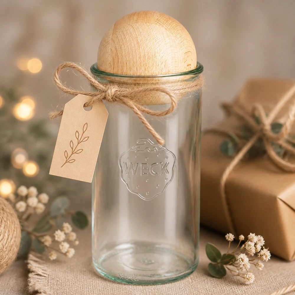 1590ml cilinderglas WECK RR100 met houten bal WECK inmaakpot 1590ml RR100 met beukenhouten bol als cadeau-idee met hanger in een gezellige decoratieve sfeer