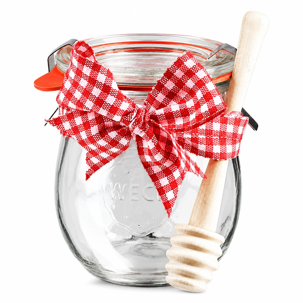 WECK tulpenpot 220ml compleet met honinglepel en strik WECK mini tulpenpot 220ml met deksel, rood lint en houten honinglepel, inmaakpotten set compleet