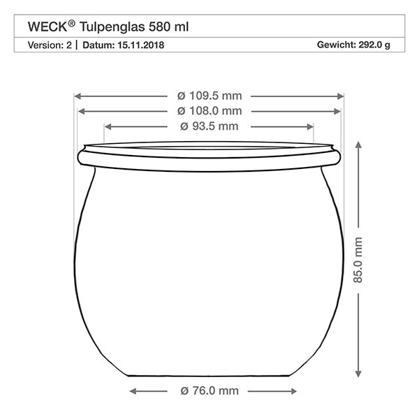 580ml tulpenglas compleet WECK RR100 Technische tekening WECK tulpenpot 580ml RR100 met afmetingen en maten voor houten bol deksel