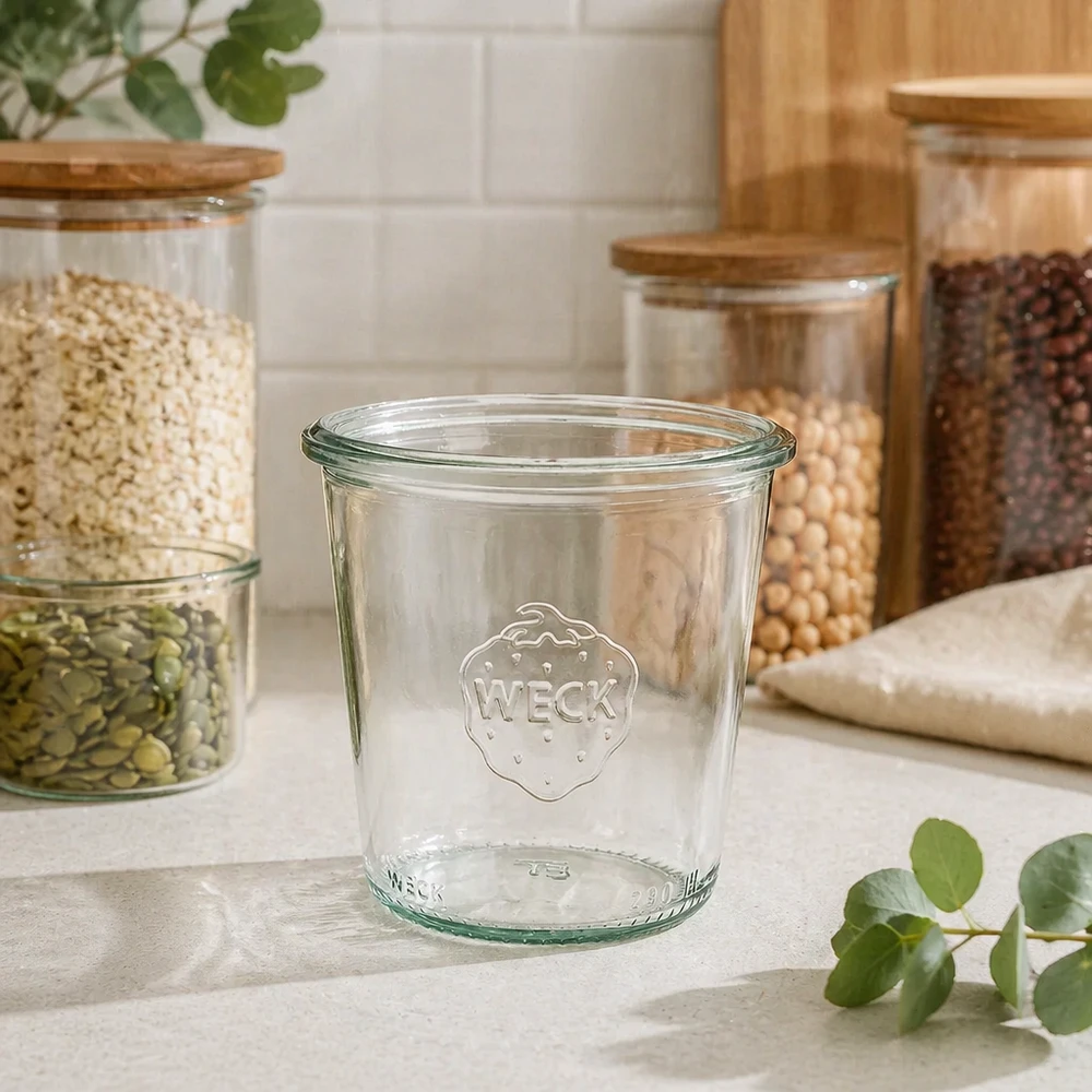 290 ml hoog weckglas WECK RR80 290ml WECK RR80 hoge glazen voorraadpot voor in de keuken Conserveren op wit werkblad met voorraadpotten