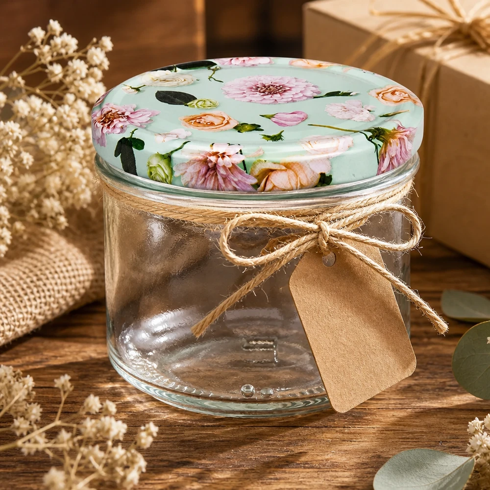 Cilindrische pot 230 ml + deksel BasicSeal in de vorm van een muntbloem Lege 230 ml cilinderpot met BasicSeal deksel bloem mint als cadeau-idee - voorraadpot versierd met jute lint