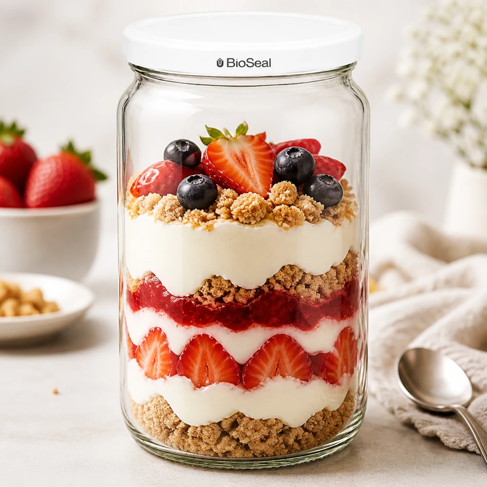 795ml rond glas met BioSeal deksel wit UNiTWIST UNiTWIST Runda795 dessertglas met gelaagde yoghurt en bessenparfait - veelzijdig voor zoete creaties en desserts