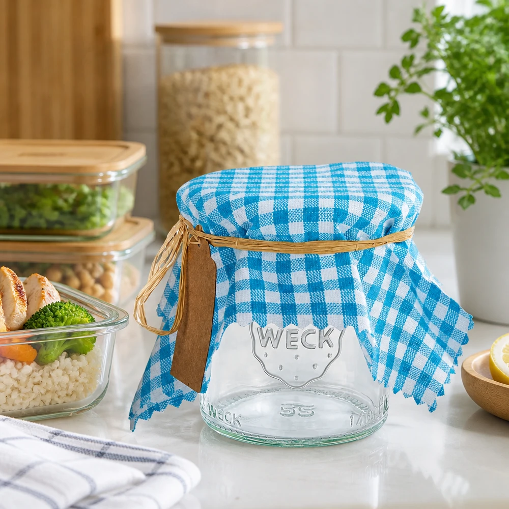Turkoois en wit geblokte stoffen doily op een pot tussen opbergcontainers in een moderne keuken