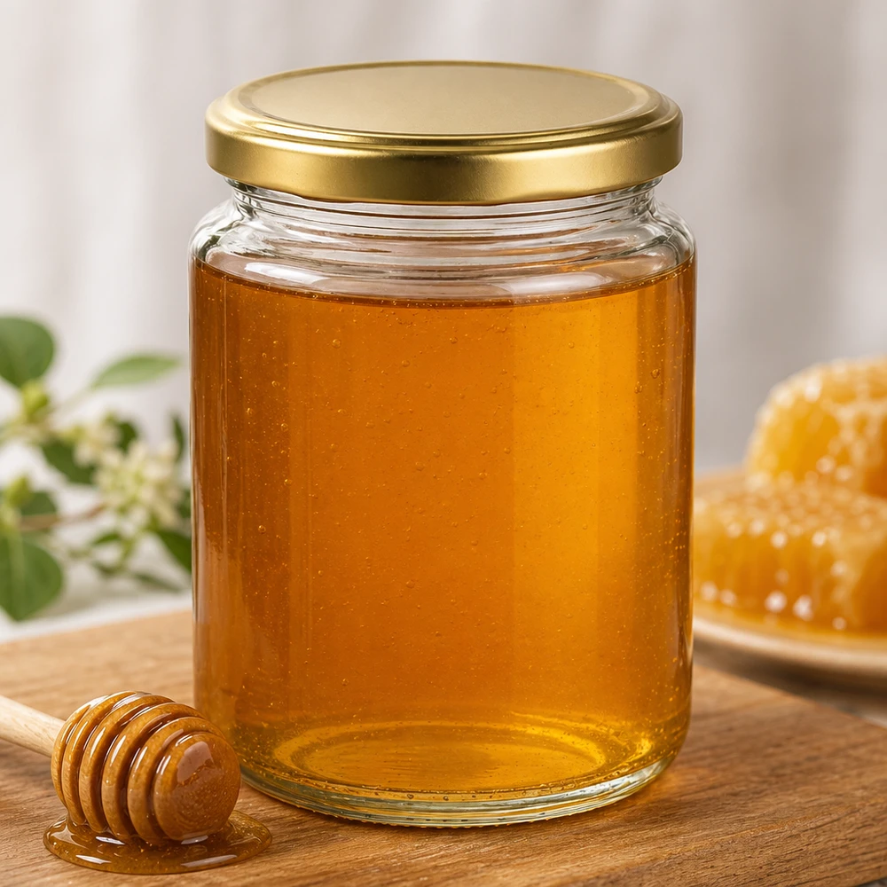 Honingpot 450 g met gouden deksel BasicSeal UNiTWIST 450g BasicSeal Honigglas mit goldenem Deckel gefüllt mit flüssigem Honig Holzhoniglöffel Wabe Imkerei Naturprodukt
