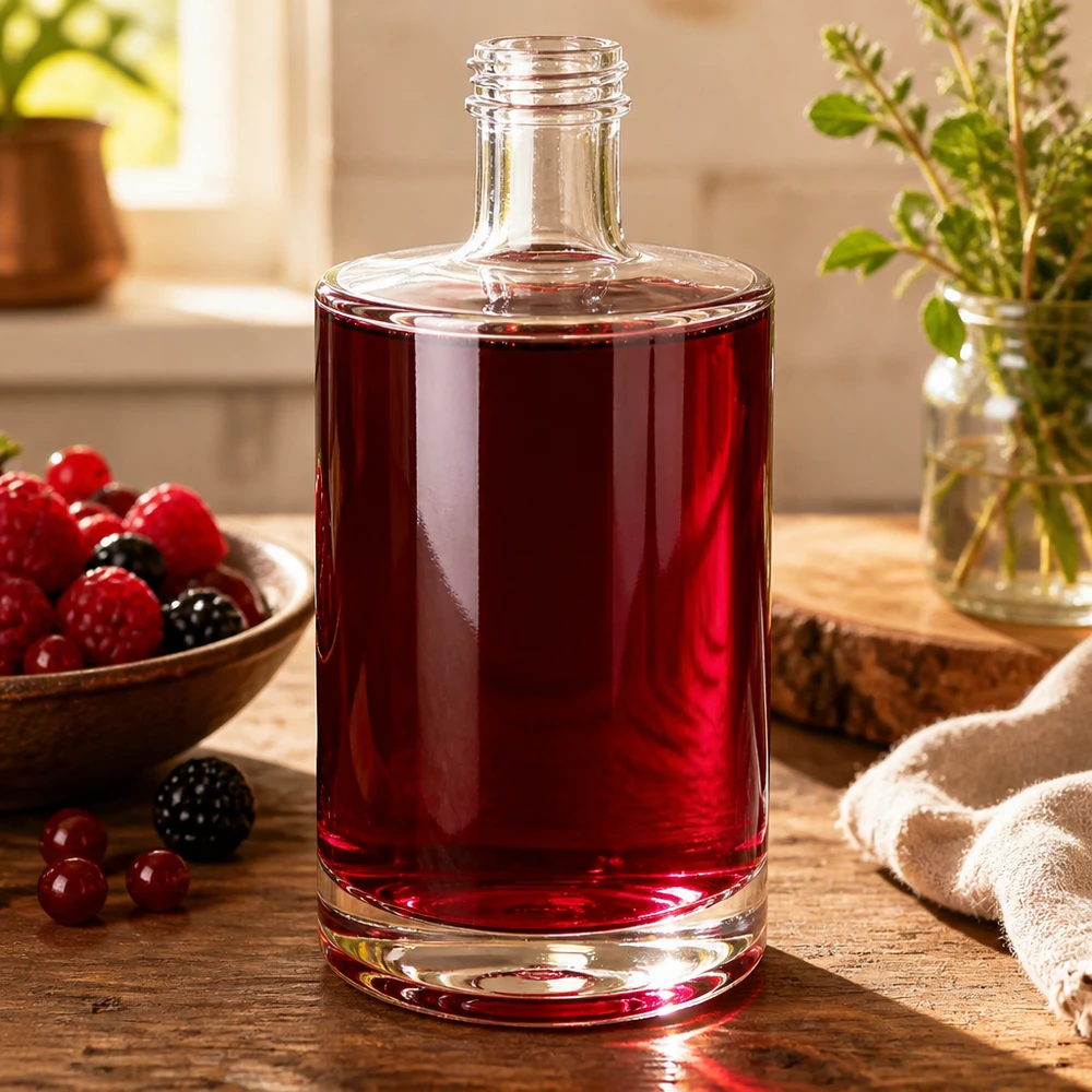 500 ml glazen fles Sam zonder schroefdop UNiTWIST® 500ml glazen fles Sam gevuld met rode bessensap decoratie houten tafel bessen kruiden natuurlijke sfeer