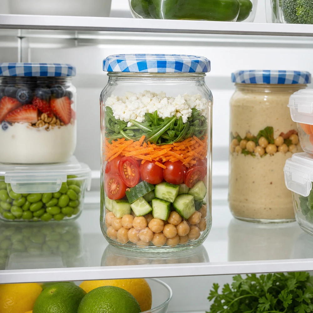 1062ml rond glas met BasicSeal deksel blauw/wit UNiTWIST 1062ml ronde pot gevuld met gelaagde salade in de koelkast, praktische meal prep oplossing met BasicSeal deksel