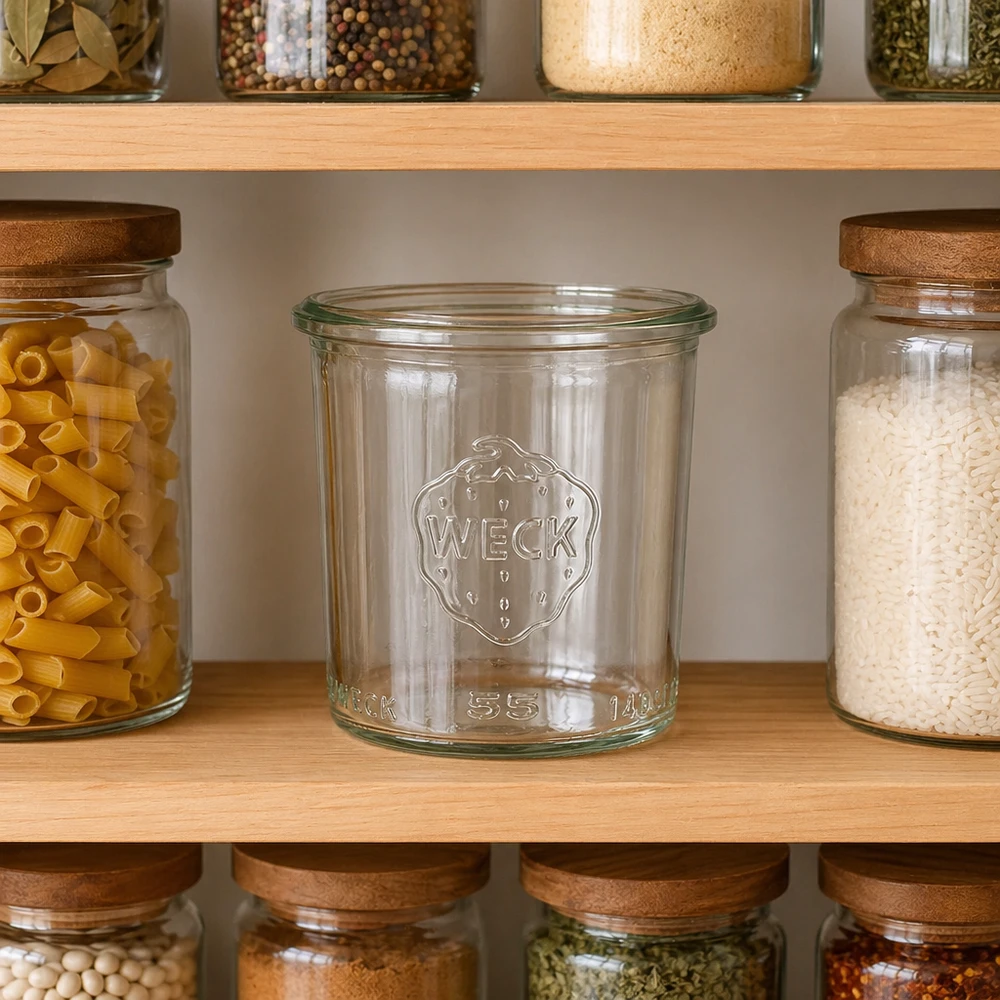 140ml stortglas WECK RR60 WECK 140ml RR60 lege glazen pot op keukenplank tussen gevulde voorraadpotten met pasta en rijst