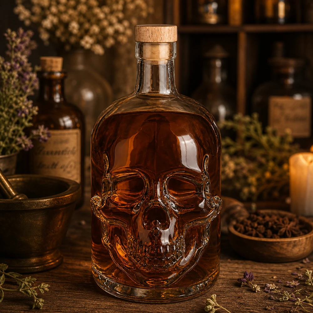 Totenkopf-Glasflasche 700ml Jack mit bernsteinfarbener Füllung in apothekerartiger Kräuter-Destillerie-Szene