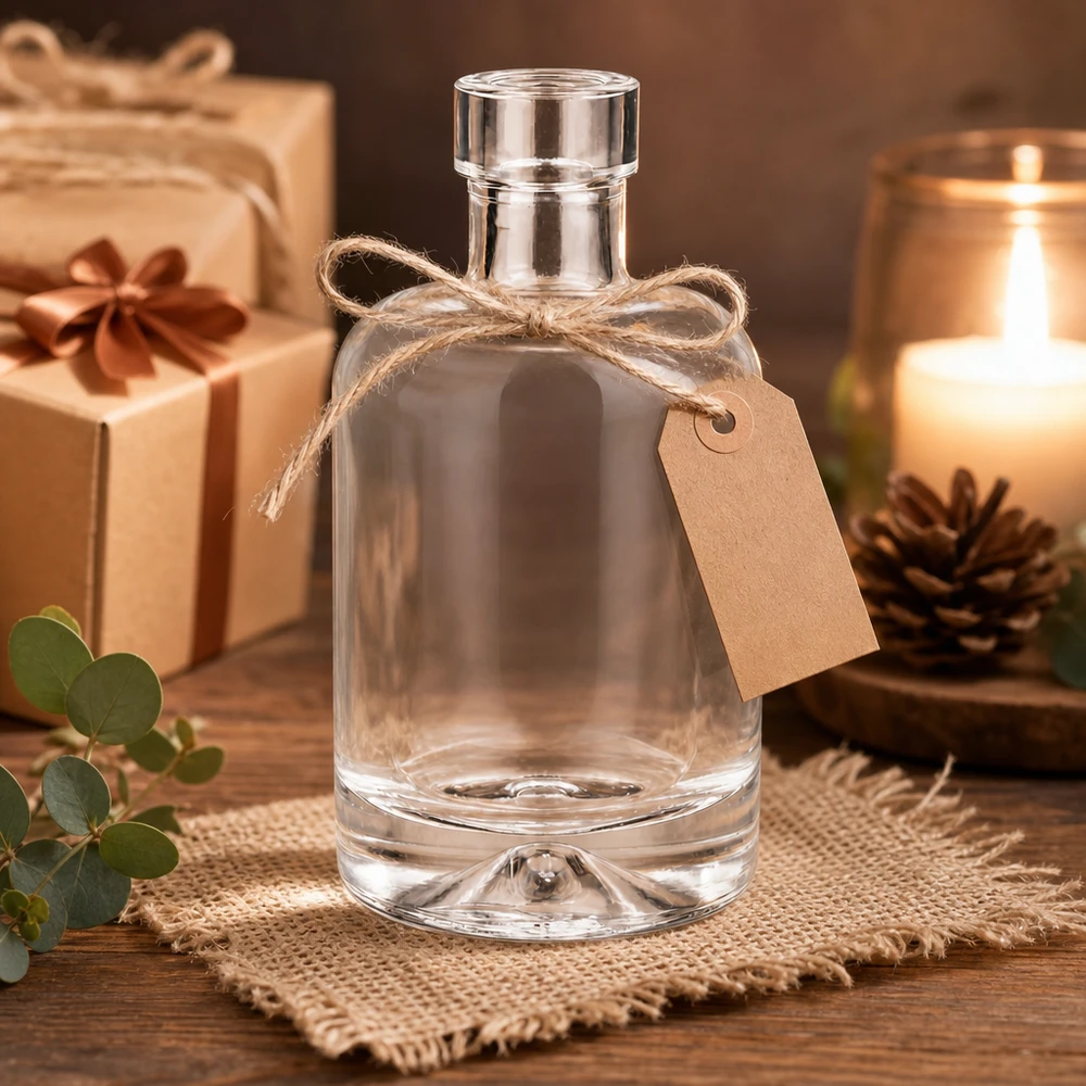 50 ml glazen fles 50ml Glasflasche "Amelie" ohne Verschluss UNiTWIST zonder sluiting UNiTWIST® 50ml glazen fles Amelie leeg met geschenkdecoratie en kaars toont edele presentatie als geschenkverpakking