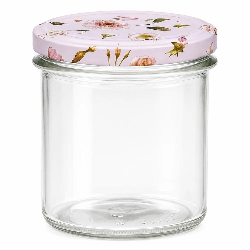Glazen van 350 ml + BasicSeal-deksel met roze bloem UNiTWIST 350ml mason pot met roze bloem deksel BasicSeal inmaakpot transparante jampot voorraadpot
