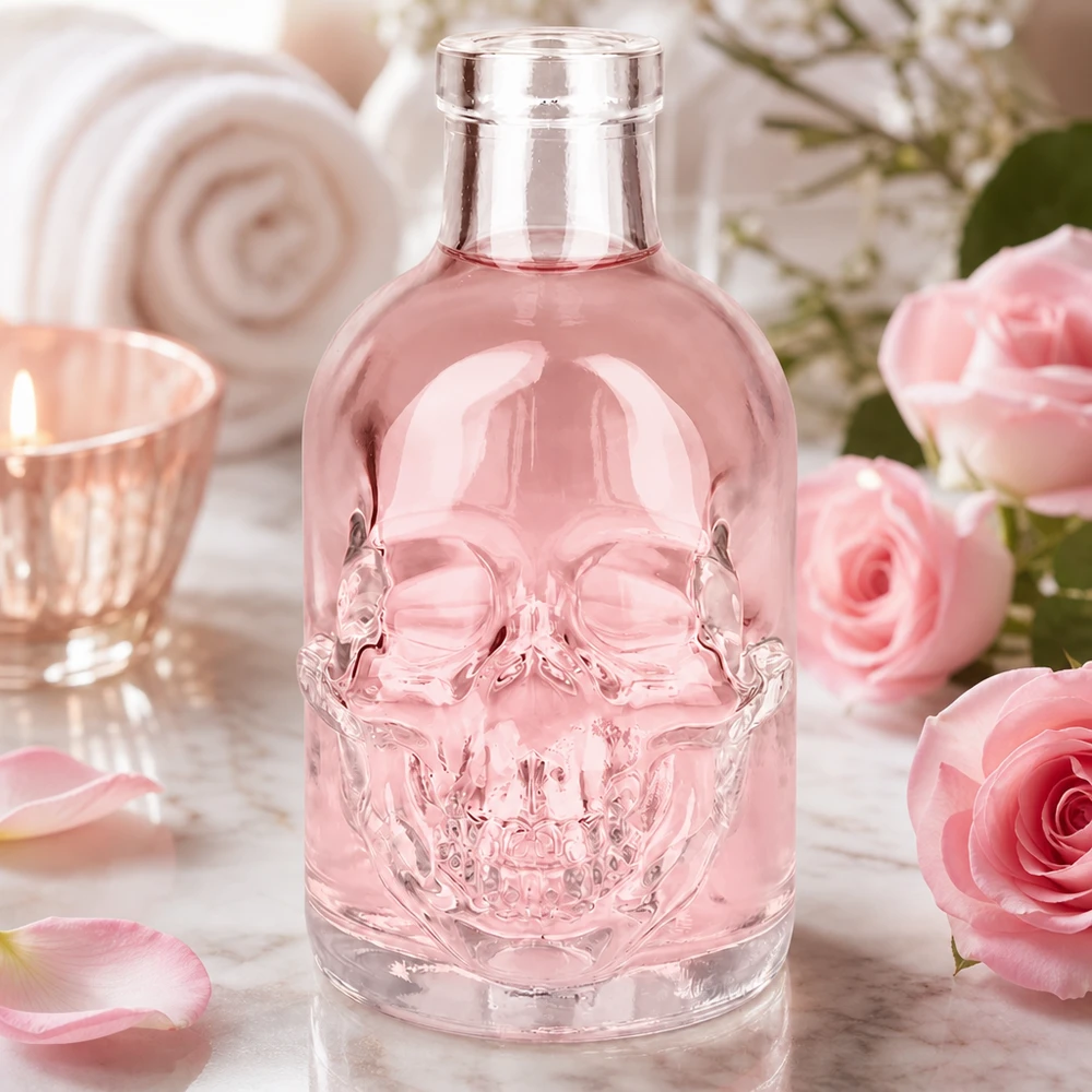 200 ml glazen fles Jack zonder sluiting UNiTWIST® 200ml Glasflasche Jack rosa Totenkopf Design Wellness Spa Ambiente mit Rosen und Kerze dekorativ inszeniert
