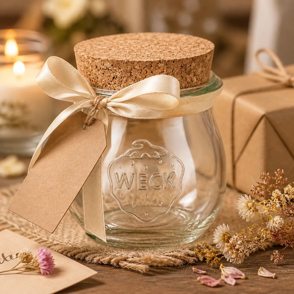 75ml tulpenglas WECK RR40 met kurk WECK tulpenpot 75ml gedecoreerd met strik en cadeaulabel als cadeau-idee met natuurlijke kurkstop