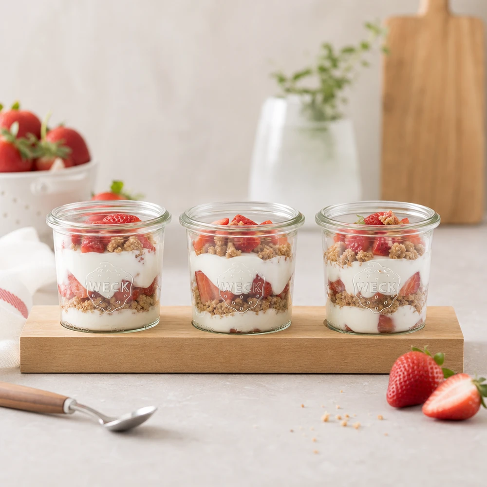 WECK potjes 140ml met yoghurt en aardbeien laagjes dessert geserveerd klaar voor ontbijt op een Plano3 houten serveerplank