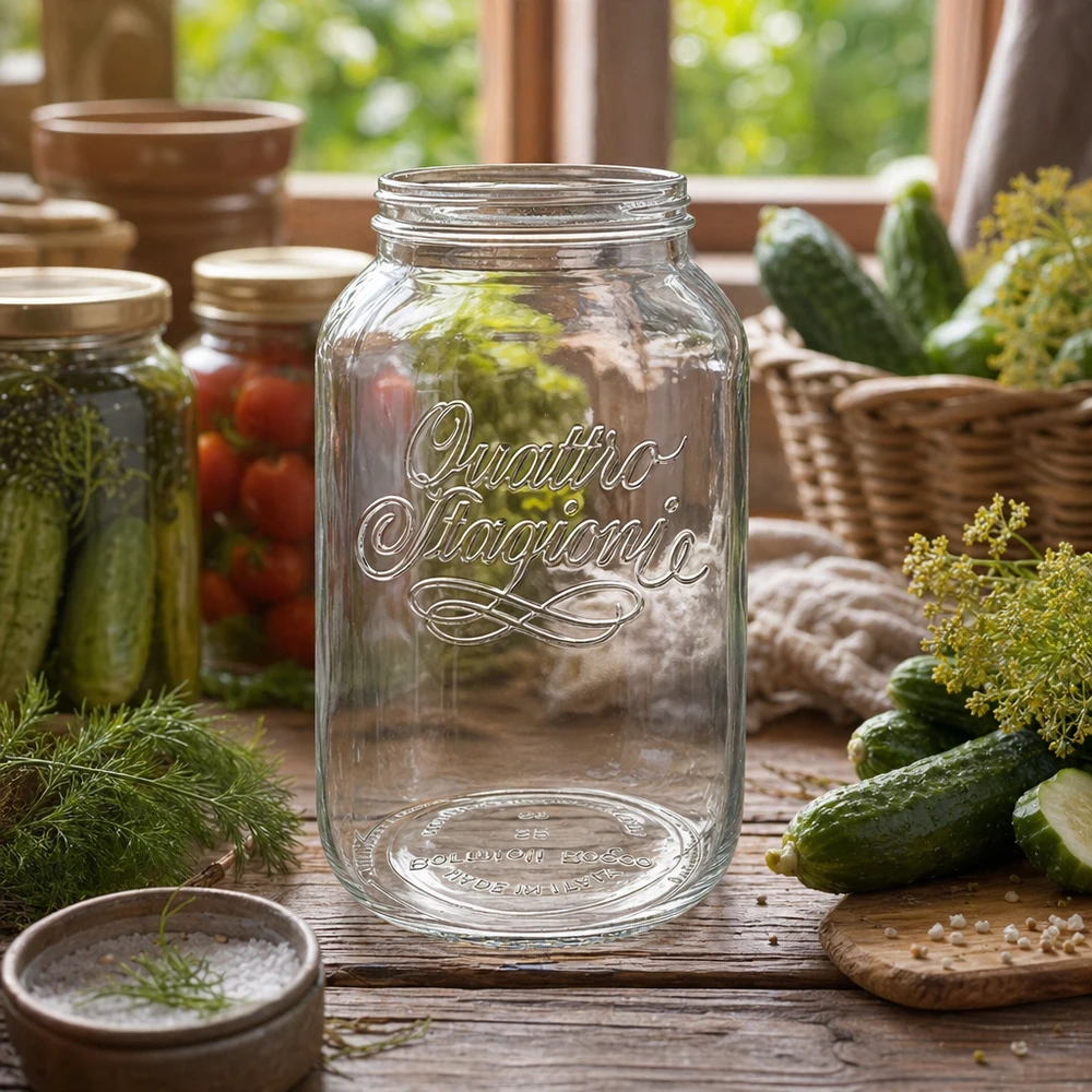 3800ml Quattro Stagioni inmaakpot leeg op een houten tafel met augurken en dille om in te maken en in te blikken