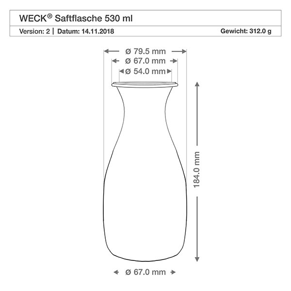 530 ml sapfles, compleet WECK RR60 Technische tekening van de WECK sapfles 530ml met afmetingen Diameter 67mm Hoogte 184mm Gewicht 312g