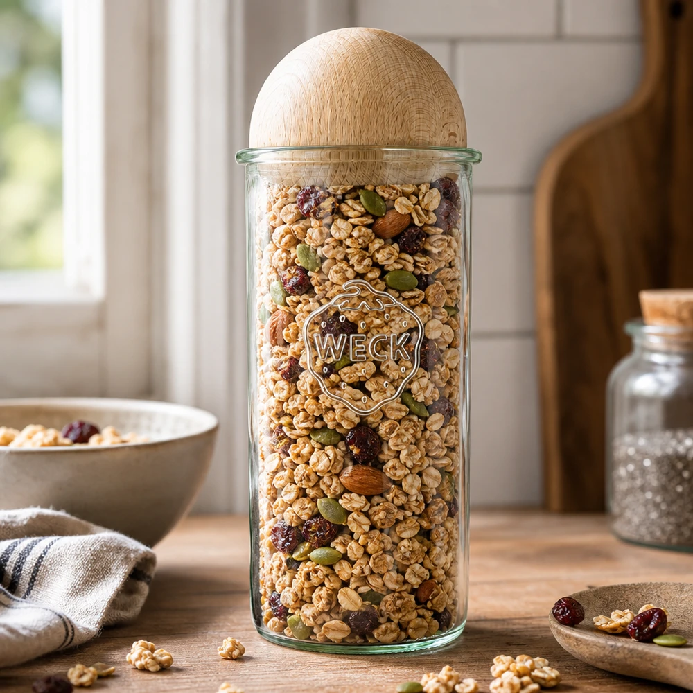 1500ml stortglas WECK RR100 met houten bal WECK voorraadpot 1500ml gevuld met muesli en noten, houten boldeksel van beukenhout, keukensfeer met kom