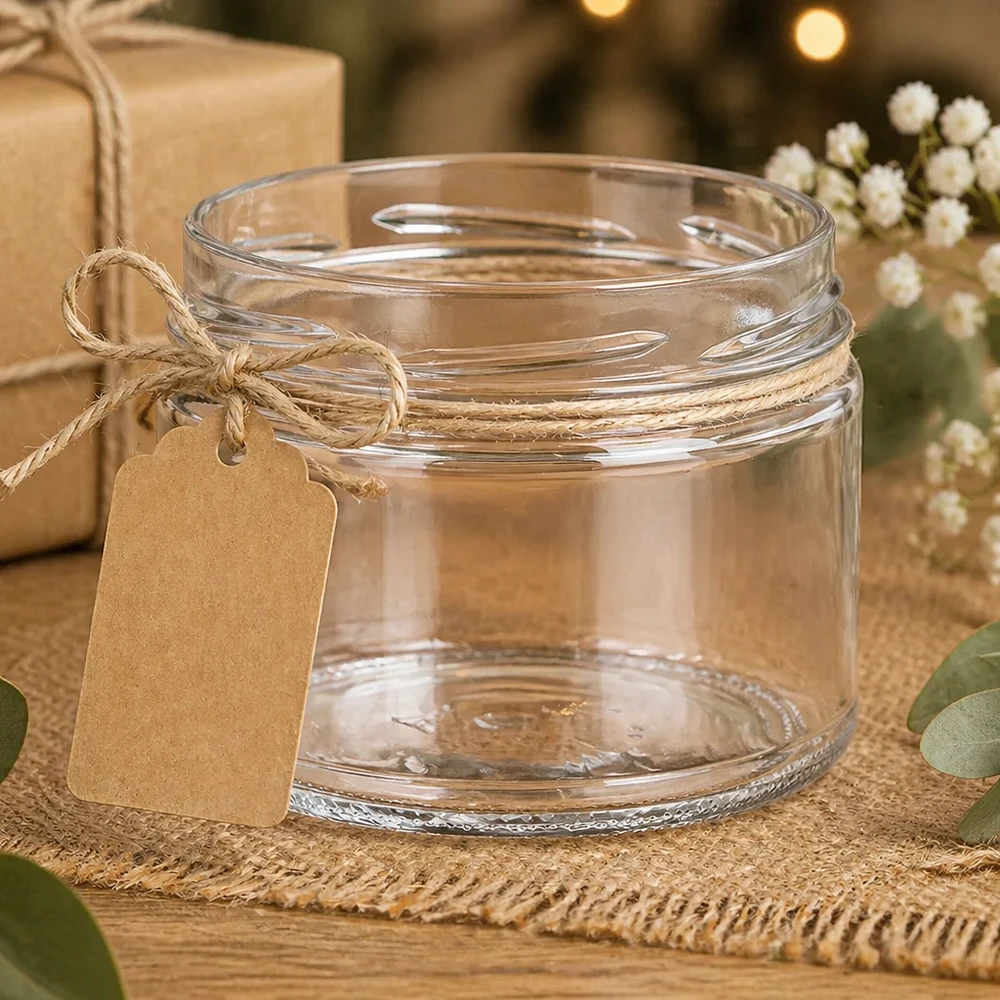 540ml rond glas zonder deksel (TO100) UNiTWIST UNiTWIST Runda540 bekers 540ml TO100 met raffia lint en cadeaulabel versierd op een rustieke jute achtergrond